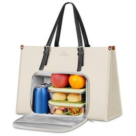 MATEIN Laptop Tote Bag for Women, 15.6 Inch Laptop Commuter Tote Insulated Lunch Bag, Waterproof PU Leather Work Purse with lunch Box compartment for Work Business Picnic Teacher Casual Office, Beige