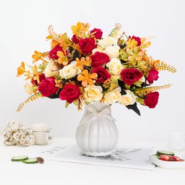 LESING Artificial Fake Flowers with Vase Silk Artificial Roses Wedding Flowers Bouquets Home Office Party Meeting Room Decoration (Red-1)
