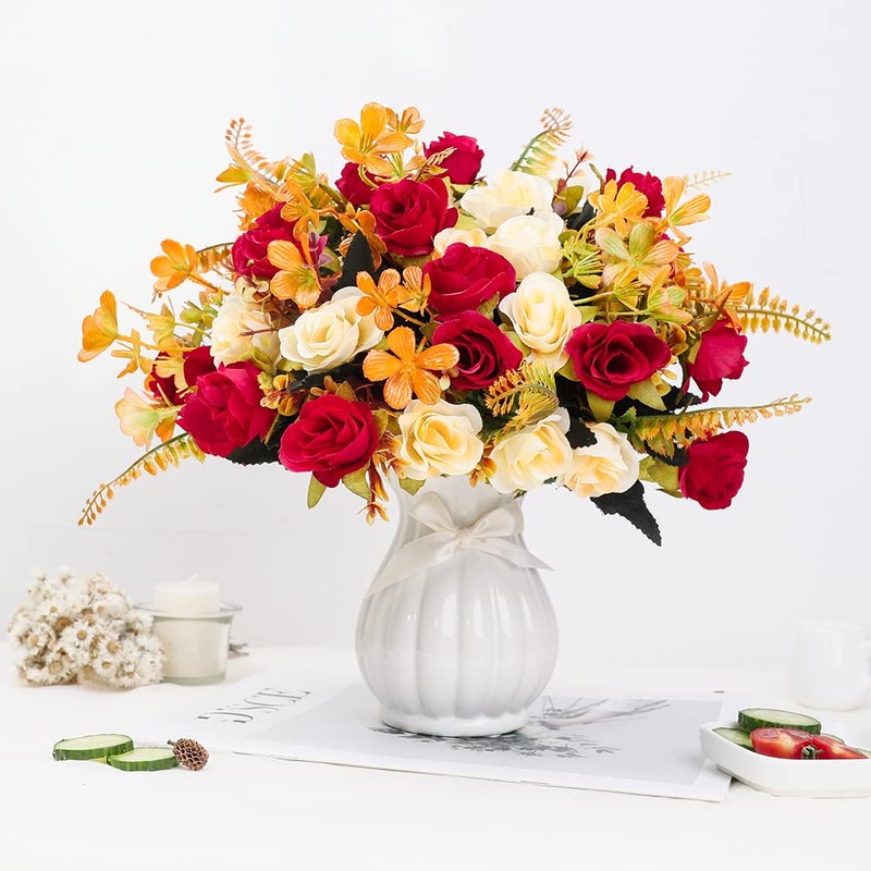 LESING Artificial Fake Flowers with Vase Silk Artificial Roses Wedding