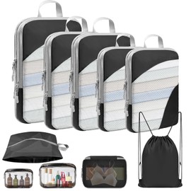 10 Set Compression Packing Cubes, Lightweight Travel Essentials, Stretchable Expandable Storage Bags, Compression Bags for Travel Accessories Luggage Storage Set (10 Pcs, Black)
