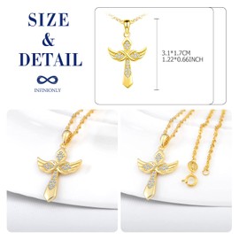 INFINIONLY Necklace and Earrings studs for women girl, 925 silver Jewelry Sets, Cross and wings necklace earring, cross necklace pendant, cross earring stud, Inlaid Zircon, gold