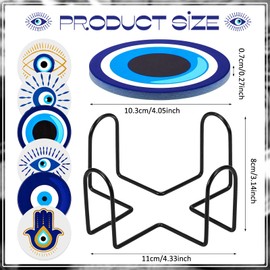 Zubebe Set de 6 Posavasos de Cerámica con Soporte para Posavasos de de Mal de Ojo Posavasos para Bebidas de de Mal de Ojo Azules Tapete Redondo Absorbente para Tazas con Base de Corcho, 4 Pulgadas