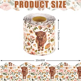 AnyDesign 65Ft Boho Floral Highland Cow Bulletin Board Border Watercolor Flower Cow Die Cut Trim Border Roll for Farmhouse Classroom Chalkboard School