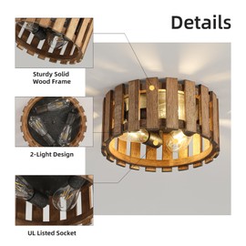 3-Light Rustic Flush Mount Light Fixture, 12.2 Inch Farmhouse Wood Round Drum Semi Flush Mount Ceiling Light for Hallway Bedroom Kitchen Entryway, Brown