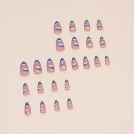 IMRAIN Press on Nails Medium Almond Fake Nails Blue Bling Cay Eye Sky Glossy Gel False Nails with Clouds Designs Full Cover Glue on Acrylic Nails for Women Girls 24Pcs