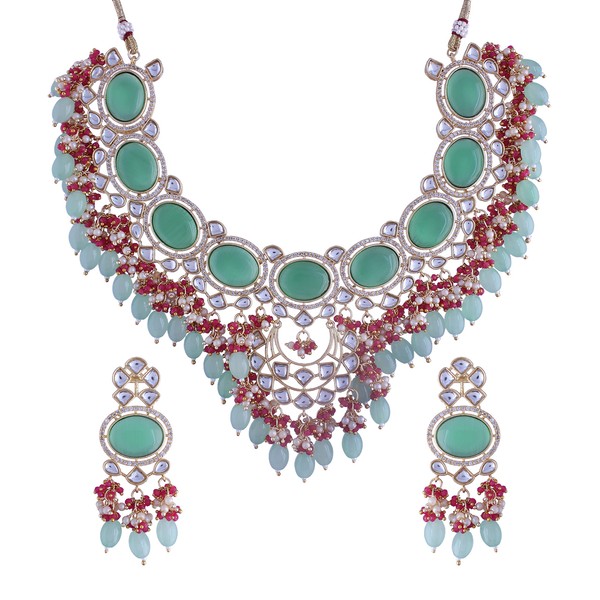 I Jewels Gold-Plated Pink Kundan Studded Beaded Jewellery Set for