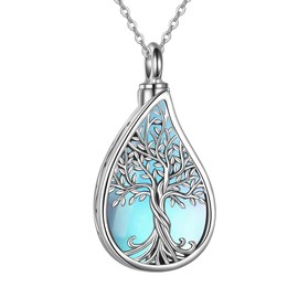 URONE Urn Necklace for Ashes 925 Sterling Silver Teardrop Ashes Necklace with Moonstone Tree of Life Urn Pendant Cremation Jewelry for Ashes for Women Men