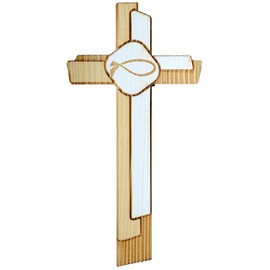 Kaltner Präsente Geschenkidee - 18 cm Wandkreuz Echtes Holz Kreuz Fichte Kruzifix mit Fisch Symbol für die Wand modern gefertigt im Grödner Tal Südtirol
