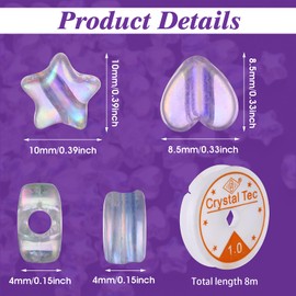 100PCS Transparent Acrylic Beads Set, 50Pcs Heart Shape & 50Pcs Star Beads for Jewelry Making, DIY Bracelets, Necklaces & Earrings, Cute Charms Bead with 1 Roll Crystal String for Crafts(Clear)