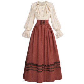 FCCAM 1800s Victorian Dress for Women 2-Piece Classic Edwardian Dress Ruffle Renaissance Dress Costume S