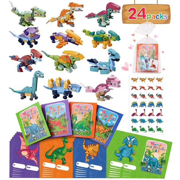 Colplay 24 Packs Valentines Day Gifts for Kids Classroom-Dinosaur Building Blocks with Valentines Day Cards for Kids School & Stickers, Exchange Valentines Party Favors Boxes for Kids Boys Girls