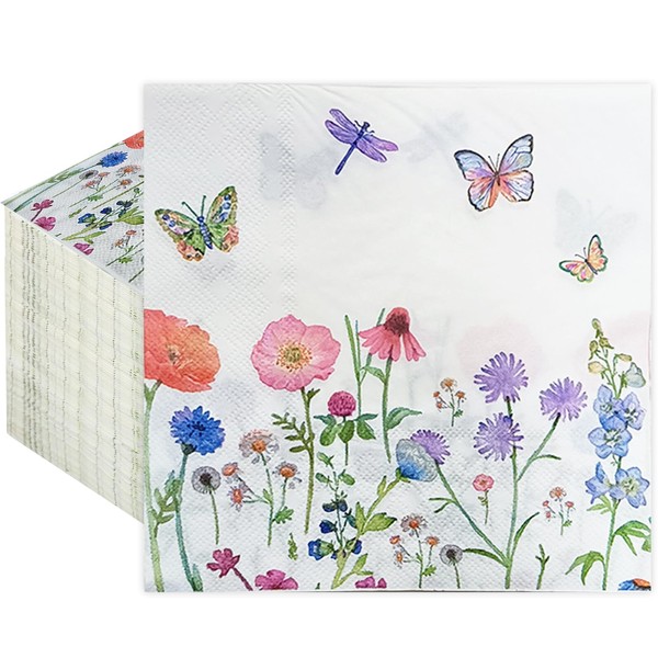 Yamobi 40 Stück Servietten Hochzeit,Servietten Frühling,Servietten Eukalyptus,Schmetterlinge Blumen Servietten für