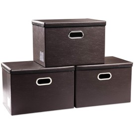 PRANDOM Large Foldable Storage Bins with Lids [3-Pack] Leather Fabric Collapsible Storage Boxes Organizer Containers Baskets Cube with Cover for Home Bedroom Closet Office Brown(17.7x11.8x11.8)