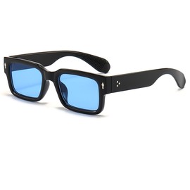 JOVAKIT Black Square Sunglasses for Women Men Simple Trendy Rectangle Thick Frame Style Sun Glasses UV400 Protection (Black/Blue)