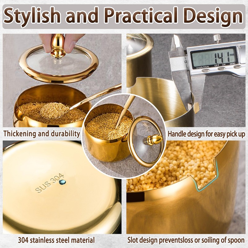 10.5oz Gold Stainless Steel Sugar Bowl with Lid and Spoon,