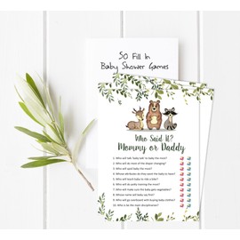 Inkdotpot Mommy Or Daddy Who said it Game Gender Neutral Leaves & Animals Set Of 50 Fun Baby Shower Game Party Supply
