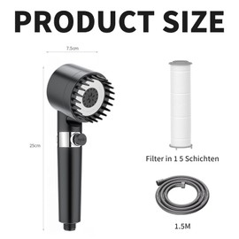 Duschkopf mit Filter – 15-Schichten Hochdruck Duschkopf mit 1,5m Schlauch, 3+1 Strahlarten & Silikonmassage, Wasserfilter Duschkopf gegen Kalk, Chlor, Schwermetalle, Bakterien, Rost