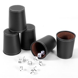 5X Dice Cup Set, PU Leather Dice Shaker Cups with 30 Dices for Bar Party Yahtzee Farkle Dice Games, Coffee (5, Black)