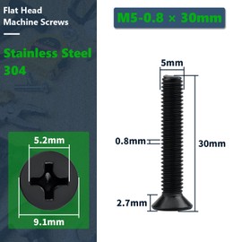 50 Pcs M5-0.8 x 30mm Black Flat Head Machine Screws, 304 Stainless Steel (18-8), with Double-Ended Bit, Phillips Drive Countersunk Metric Bolts, Black Finish, Ideal for Furniture, 3D Printing & DIY
