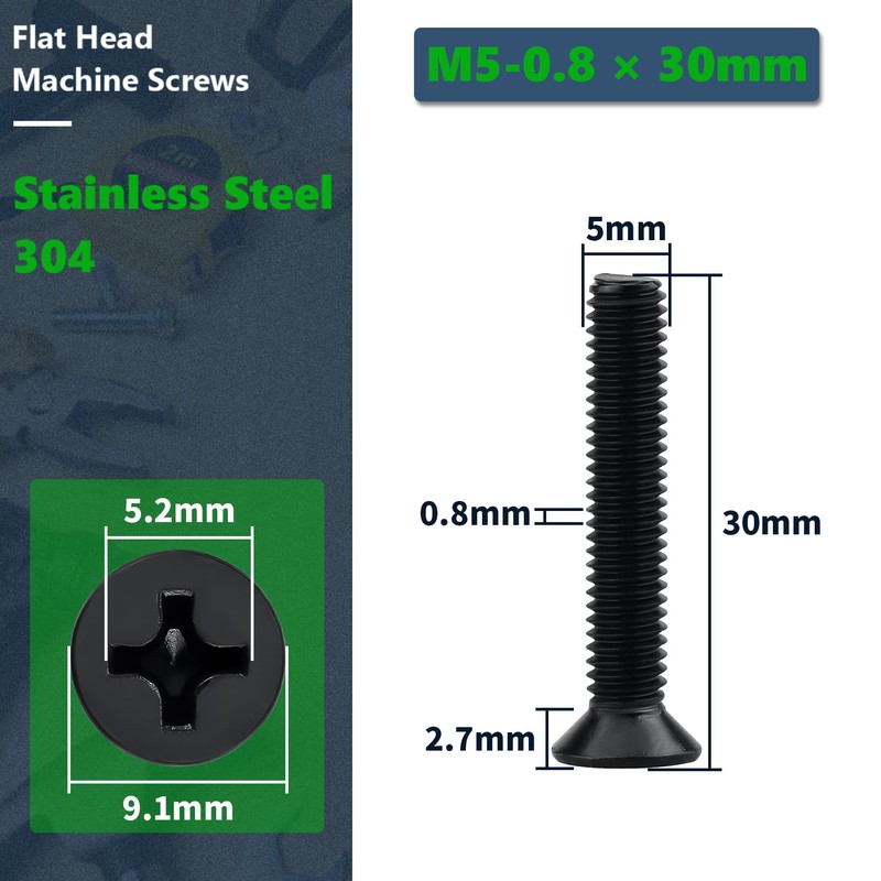 50 Pcs M5-0.8 x 30mm Black Flat Head Machine Screws,