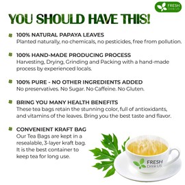 FreshDrinkUS, Premium 75 Papaya Leaf Tea Bags, 100% Natural & Pure from Papaya Leaves. Loose Leaf Papaya Herbal Tea. Made with Natural Material Tea Bags. No Sugar, No Caffeine, No Gluten, Vegan.