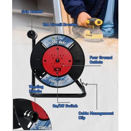 Zorky Extension Cord Storage Reel, Retractable Heavy Duty Open Cord Reel for 12/3,14/3,16/3 Gauge Extension Cord, Portable Empty Hand Wind Power Cord Roller Holder with 4-Grounded Outlets