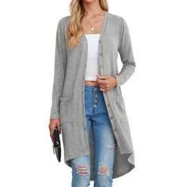 GRECERELLE Women's Long Lightweight Cardigan Long Sleeve Button Down Loose Outwear Cardigans Jacket with Pockets for Ladies UK Grey-M