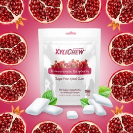 Xylichew Xylitol Gum - Chewing Gum Sugar Free, Aspartame Free, Gluten Free, Keto - Sugarless, Healthy, Natural Oral Care - Relieves Bad Breath and Dry Mouth - Pomegranate Raspberry, 50 Count