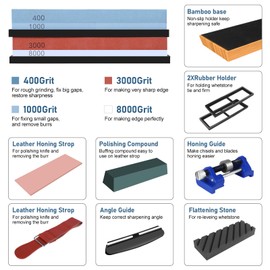 Sharpening Stone Set, Semai Premium Whetstone 400/1000 & 3000/8000 Grit Waterstone Kit​, Knife Sharpener Stone with Non-Slip Bamboo Base, Strop, Flattening Stone,Polishing Compound and Honing Guide
