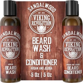 Beard Wash & Beard Conditioner Set w/Argan & Jojoba Oils - Softens & Strengthens - Natural Sandalwood Scent - Beard Shampoo w/Beard Oil (5oz)