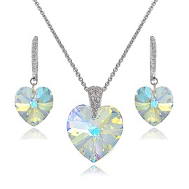 B. BRILLIANT Valentines Day Earrings and Necklaces for Women Sterling Silver Aurora Borealis Crystal Heart Jewelry Set for Gift Birthday Anniversary