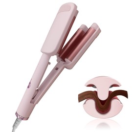 Waver Curling Iron Hair Crimper, Ionic Deep Waver Hair Curler Tool, Beach Waver Curling Wand, 2 in 1 straightener and curler with Ceramic 3 Barrel for Women, Dual Voltage, Anti-Scald, 1.25 Inch (Pink)