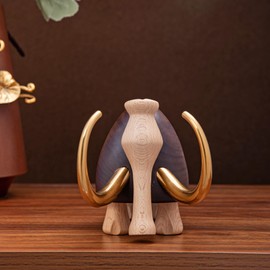 GIBOX Handcrafted Elephant Mammoth Showpiece Long Trunk Golden Tusk Brass Made Intricately Carved Animal Miniature Sculpture for Nature-Inspired Home Decor Standard Beige (19x10.5x12cm)