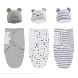 Baby Swaddle Sleep Sack with Hat Set for 0-3 Months 3-Pack Soft Cotton Newborn Wearable Swaddle Wrap for Girls Boys(Grey & Star & Stripe & hat Combination)