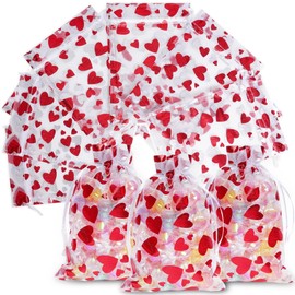 JLJIUBBKX 50PCS red transparent hard yarn heart-shaped printed satin brushed lover, drawstring bag for jewelry packaging, Valentine's Day wedding party supplies, 10 x 12cm
