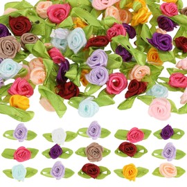 100 Pcs Mini Flowers for Crafts Multicolor Mini Roses Satin Roses with Green Leaves Small Satin Roses Tiny Artificial Fabric Flower Ornament Applique for Wedding Bride Sewing Wrapping DIY Wreath Decor
