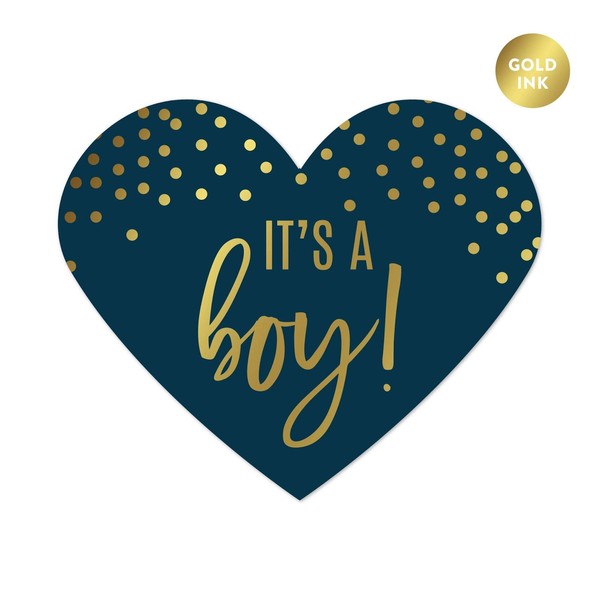 Andaz Press Navy Blue and Metallic Gold Confetti Polka Dots Baby Shower Party Collection, Heart Label Stickers, It's a Boy!, 75-Pack