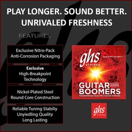 GHS Strings, GB8 1/2 Boomers, Nickel Plated Steel Electric Guitar Strings, Legendary Strength, Consistent Intonation, Long Lasting Brightness, Tone & Sustain. 6-String Guitar 8.5-40 ULT+ Gauge 4 Pack