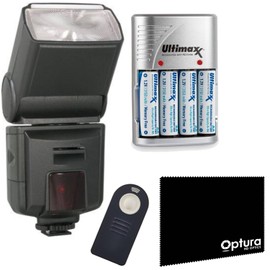 AF Flash TTL Auto Focus for Olympus Digital & EVOLT SLR Cameras + Wireless Shutter Release + 4 Port Rapid Charger with 4 AA 1.2V 3150mAh & OPTURA Microfiber Cloth