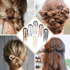 Hongliang 6Pcs French Hair Pins Set - Wavy U Shaped Tortoise Shell Retro Fork Hair Clips with 3 Internal Teeth, Ideal for Thin & Thick Hair Buns & Twist Hairstyles（Women）