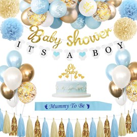 Baby Shower Decoration Boy, Baby Shower Decoration Boy, Blue White Baby Shower Decoration with Mummy to Be Sash, Balloons, Baby Shower Banner for Boys Baby Shower