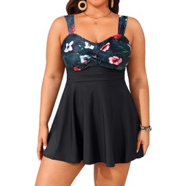 Aqua Eve Plus Size Two Piece Swimsuits for Women Tankini Bathing Suits Flowy Swim Dress with Shorts Floral Black-1 18W