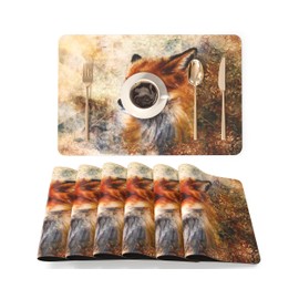QIYI Faux Leather Placemats, Set of 6, Waterproof Oil-Proof Heat-Resistant PU Table Mats for Kitchen, Dining, Indoor & Outdoor Use, 45×30cm, Artistic Fox Portrait with Vintage Floral Background