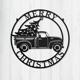 RealSteel Little Red Truck Hauling Christmas Tree Vintage Red Truck – Festive Tabletop Christmas Decoration, Rustic Winter Ornament, Holiday Gifts, Home Decor (24" Black)