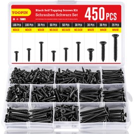 YOOPIN Screws Set 450 Pieces, M3 M3.5 M5 Wood Screws Set, Carbon Steel Black Screws, Countersunk Head Self Tapping Screws, Drywall Screws, Plasterboard Screws for Repair