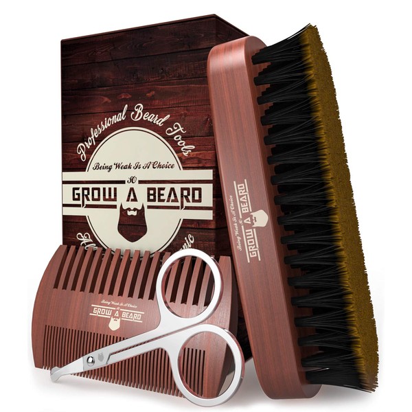 Beard Brush & Comb Set w/ Beard Scissors Grooming Kit, Beard Brush For Men, Natural Boar Bristle Beard Brush, Men's Beard Brush, Boars Hair Beard Brush, Beard Brush Set, Wood Comb Great for Mustaches