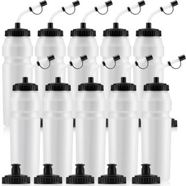 Nuenen 10 Pcs 1 Liter Sports Water Bottle with Straw & Squeeze Lid Reusable Squeeze Sports Water Bottle Plastic Hockey Water Bottle with Pull Top Cap for Adults Football, Lacrosse & Boxing