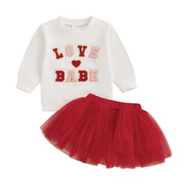 Bonangber Toddler Girl Valentines Day Outfit Long Sleeve Sweatshirt Warm Pullover Red Tulle Dress Baby Girl Valentines Outfit(C-White Letter,18-24 Months)