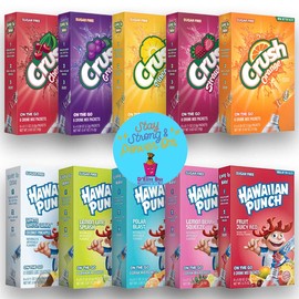 Crush Powder Drink Mix and Hawaiian Punch Powder Drink Mix 10 box total- Sugar Free & Delicious, Excellent source of Vitamin C packaged as a Combo Assorted Gift Pack with a Bonus Inspirational Magnet by D'Elite Box