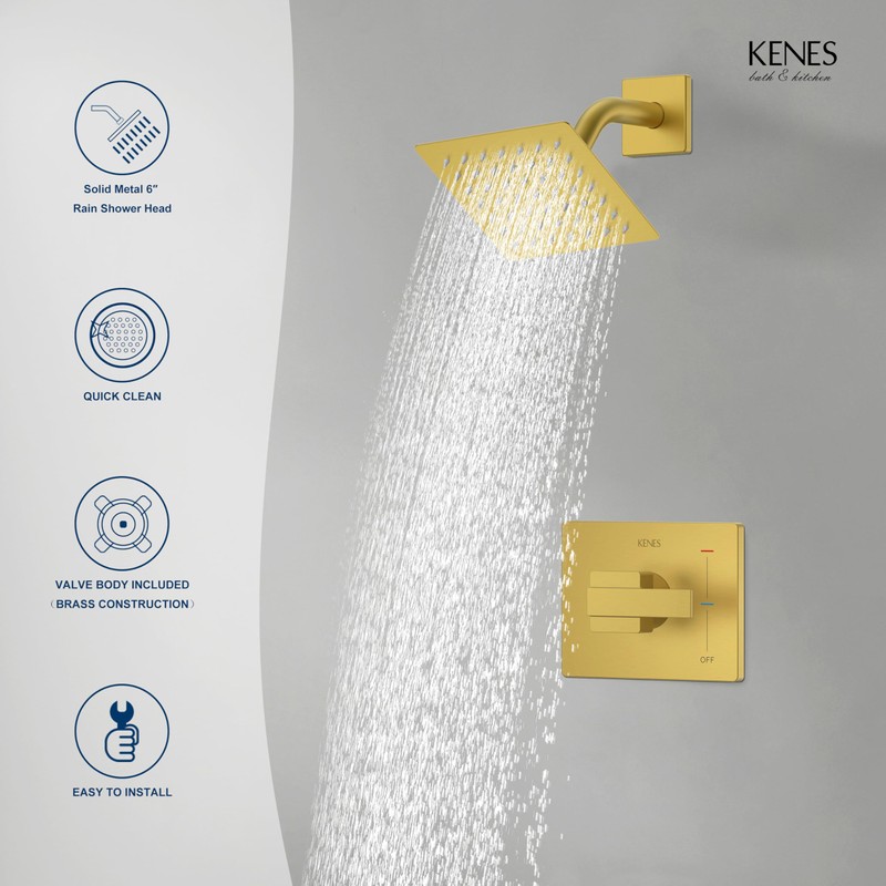 KENES Modern Brushed Gold Shower Faucet, Square Shower Trim Kit